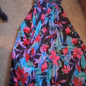 Cupio Black Floral Asymmetrical Dress with Red, Blue & Purple Print